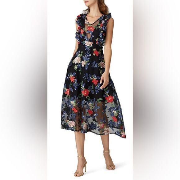 vone Dresses & Skirts - RTR VONEFloral Avalyn Dress Sleeveless embroidered MIDI V-neck black floral